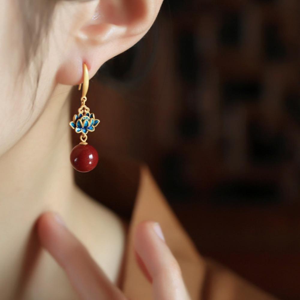 Sandalwood Red Lotus Earrings Chinese Style Earrings Elegant Design Retro Vintage Qipao Accessories Women Personalized Jewelry