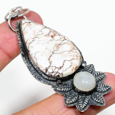 Natürlicher Wildpferd, Mondstein Edelstein 925 Sterlingsilber Anhänger 2.99" F7j01