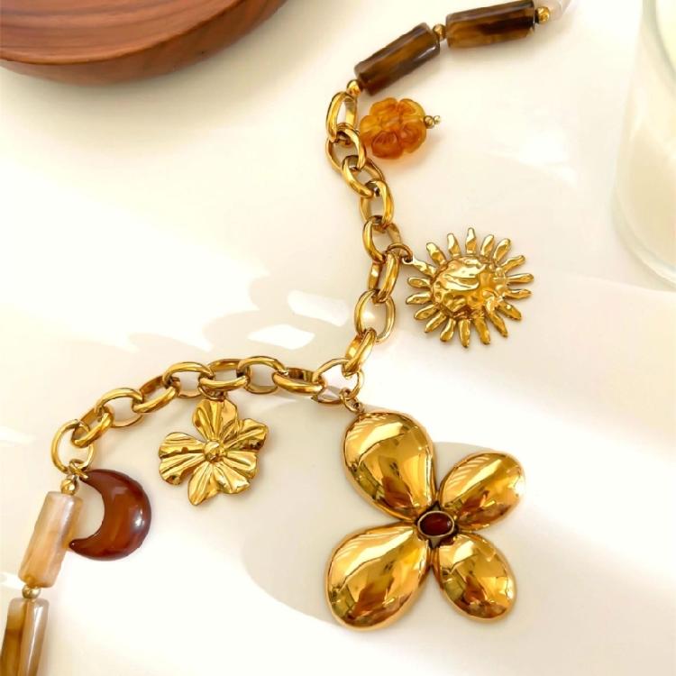 Fashionable Floral Sun Resin Beaded Necklace Retro Clavicle Chain Stainless Steel Neck Jewelry For Women