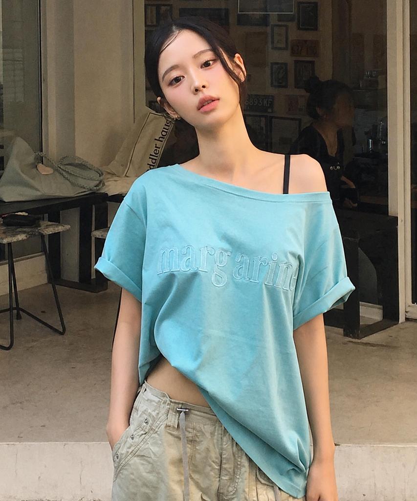 Seuteulaipeumagalin Margarine One-Shoulder Applique Logo Short Sleeve Mint