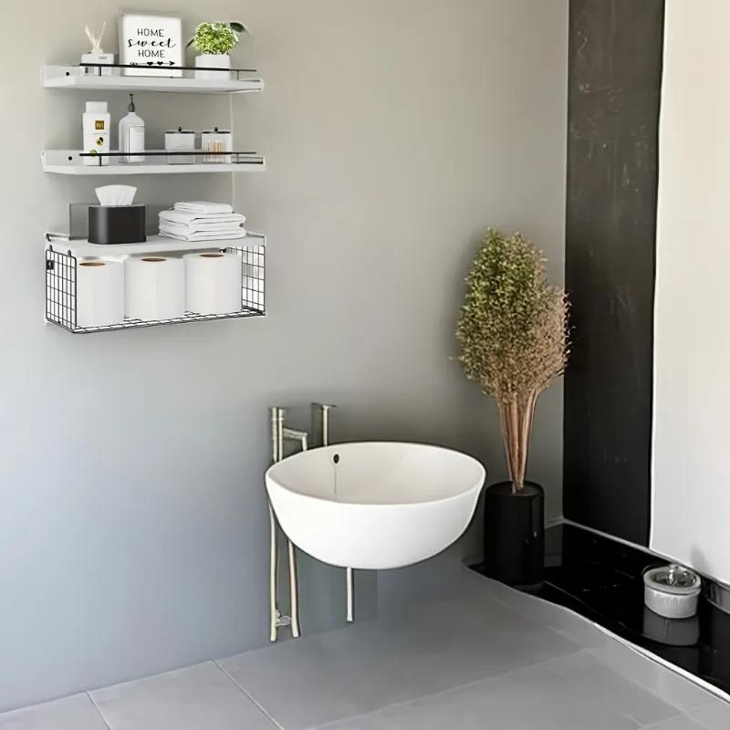 Floating Shelves with Wire Storage Basket Bathroom Kitchen Storage Rack Wall Shelf Decoration Floating Wall Shelves Home Decor