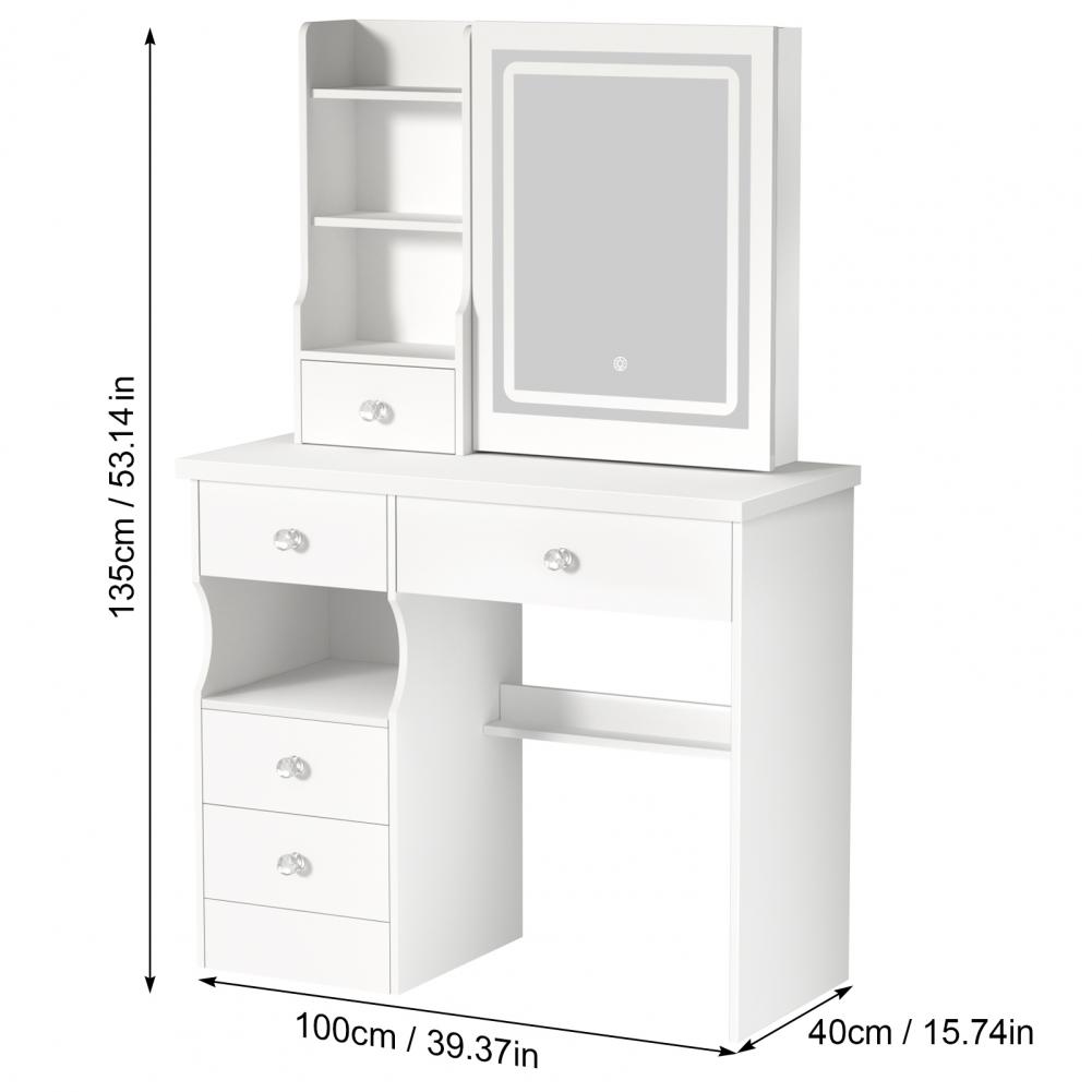 Vanity Desk with LED Lighted Mirror Bedroom Dressing Table Makeup Desk with Stool 5 Drawers Open Shelves Hidden Storage Space