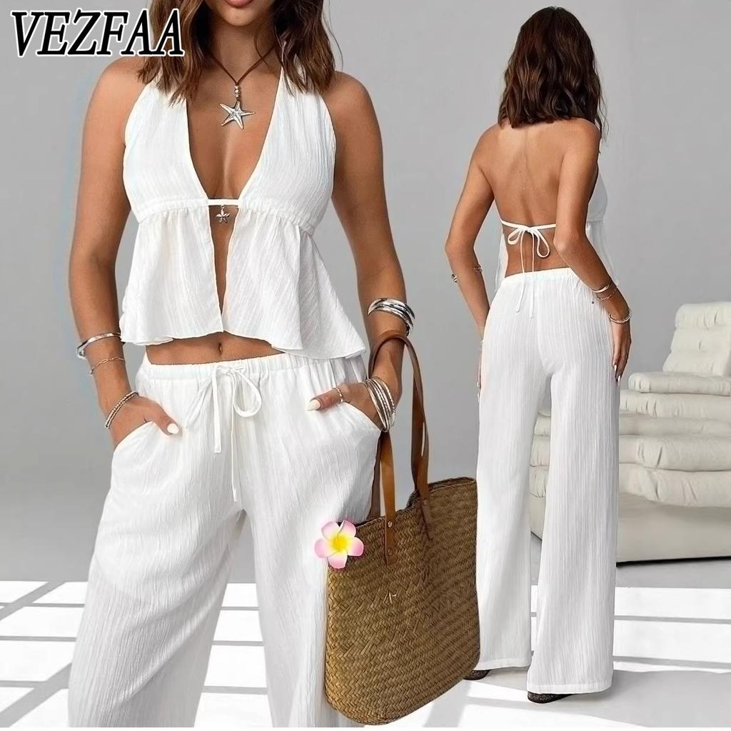 VEZFAA Damen Mode Lässig Sommer Frühling Einfarbige Druck Ärmellos Hängender Hals Hosenanzüge