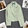 Spring Women Breasted Office Cropped Blazer Lapel Solid Color Long Sleeve Double Jacket Suit Coat