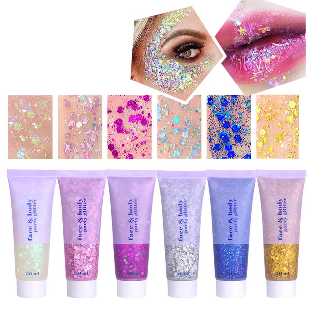 6 Color Sequins Glitter Body Gel 50ml Glitter Liquid Festival Glitter Cosmetic Face Hair Nails Makeup Long Lasting