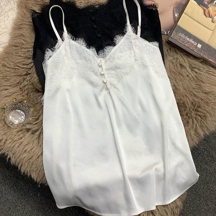 

Plus Size Sleeveless Lace Patchwork Camisole - Summer 300 Jin Loose Fit for Women M for up to 120 jin білий