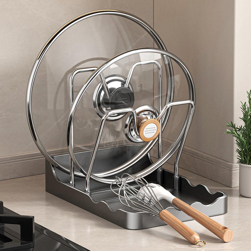 Stainless Steel Pot Lid Organizer While Cooking Kitchen Pot Lid Storage Rack with Spoon Rest for Stovetop and Kitchen Counter
