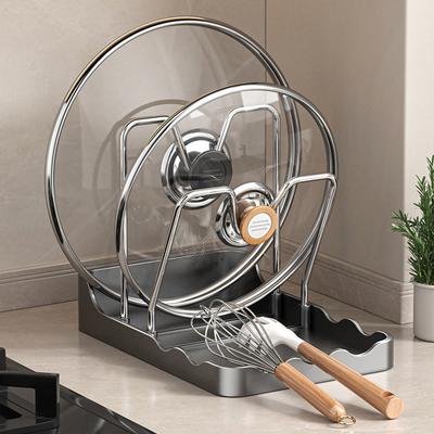 Multifunctional Stainless Steel Pot Lid Organizer with Spoon Rest Utensils Pan Pot Cover Lid Rack Shelf for Kitchen Counter