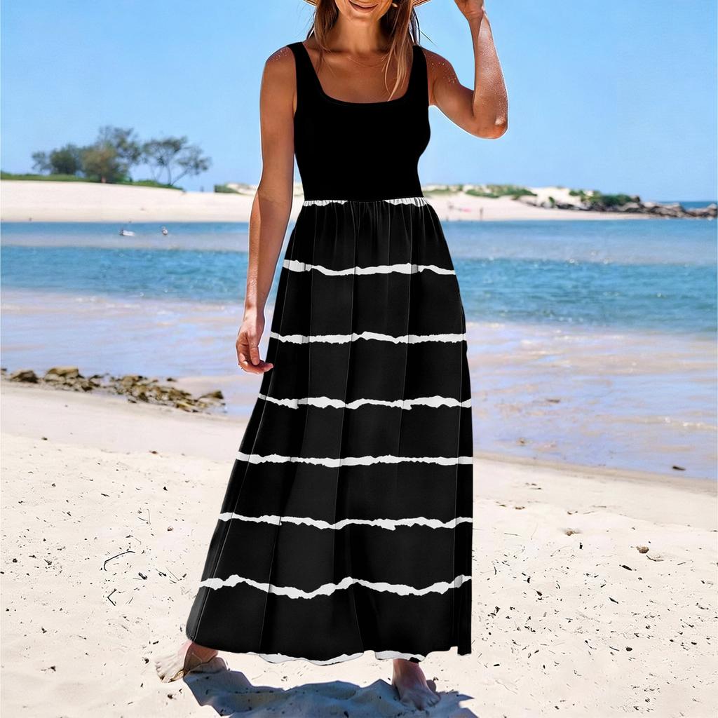 Ladies' striped printed summer casual and fashionable sleeveless long dress