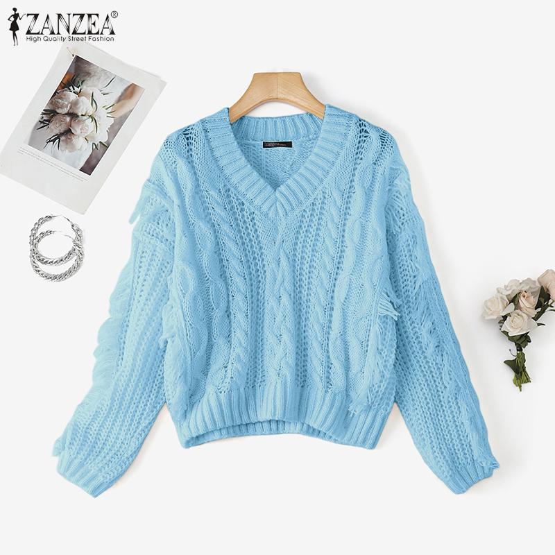 

ZANZEA Womens Autumn Winter V Neck Texture Casual Knitted Pullovers Sweaters Jumpers 2XL синій