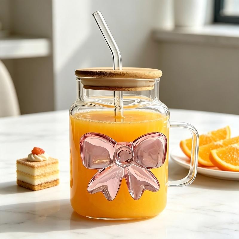 Premium Glass Tumblers With Ergonomic Handle And Straw Wooden Lid For Hot and Cold Drink Juice Coffee Tea Drinking Mug