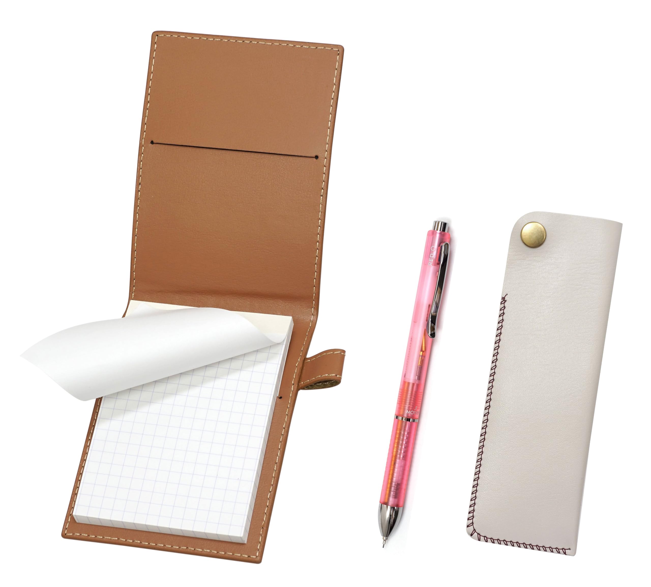 

Мини-обложка для блокнота из переработанной коровьей кожи с белой ручкой и набором из 3 прозрачных ручек Mecha Japan, механическая ручка розовая мокко, чехол на кнопке, (2-цветный розовый