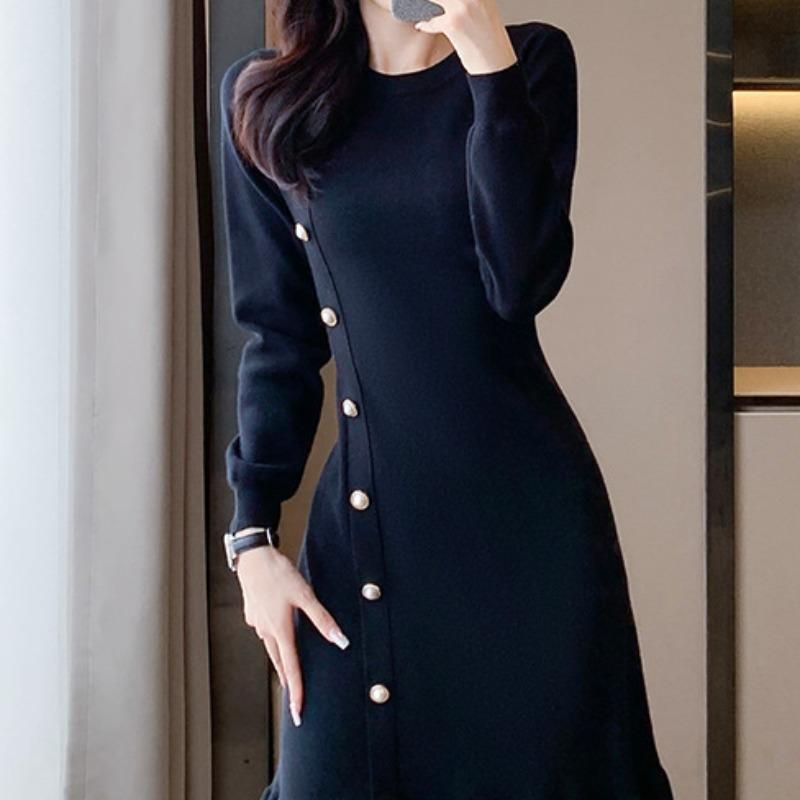 

VEZFAA женские модные осенне-зимние однотонные повседневные платья с длинным рукавом и круглым вырезом с высокой талией и принтом