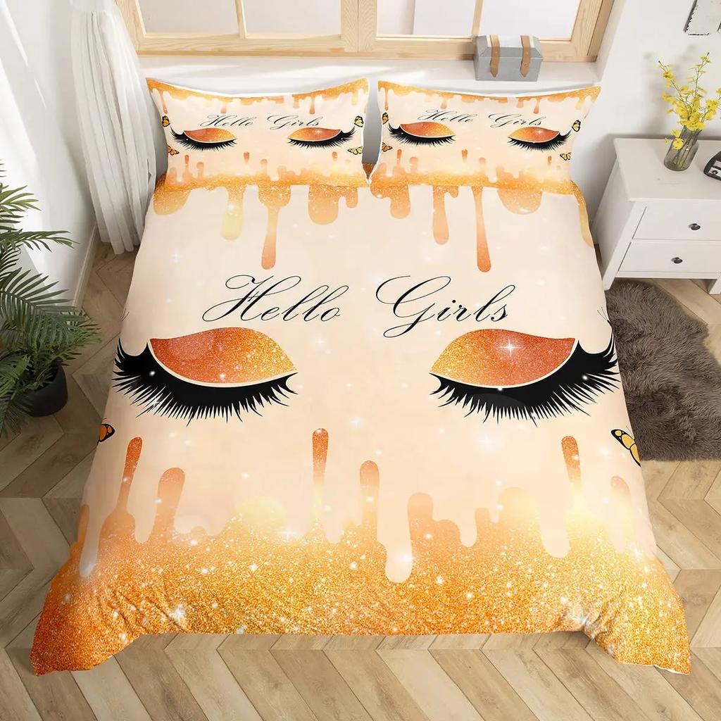 Women Eyelash King Queen Duvet Cover Glitter Galaxy Bedding Set Pink Sequin Ink Fluid Art Quilt Cover Polyester Comforter Cover