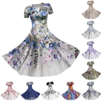 2024 Spring And Summer Women's Casual Short-Sleeved V-Neck Printed Swing Dress