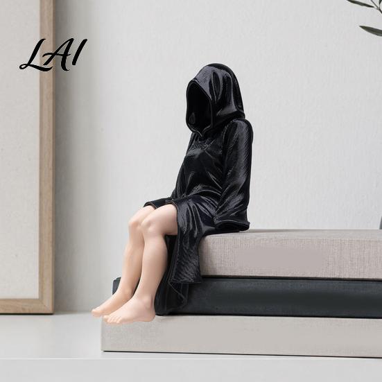 3D Printed Woman Statue Black Robe Women Figurine Sitting Hooded Female Shelf Office Desk Decoration Sitter Gothic for Home Bookshelf Decorative