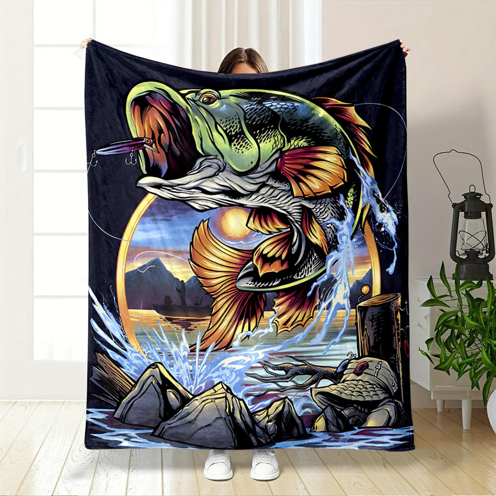 Jumping Bass Fish with Sunset and Water Splash Flannel Blanket for Bedroom, Living Room, Sofa, and Nap Sofas