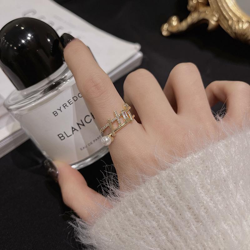 Trendy Cross Grid Pearl Zircon Ring - Stylish, Unique, and Eye-catching Fashion Statement for Women