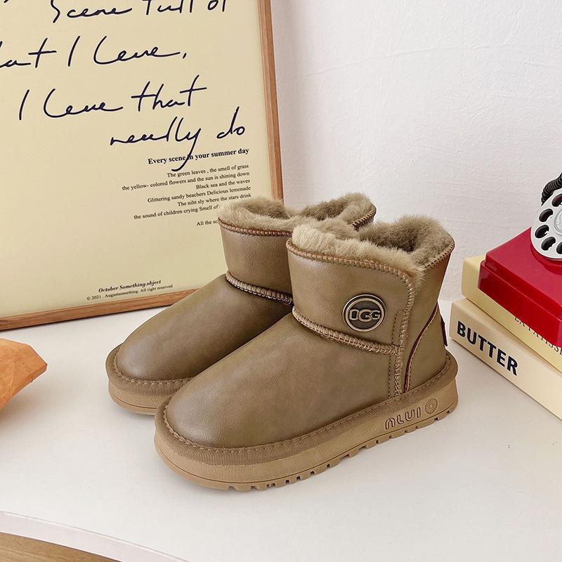 New thick-soled fur integrated snow boots for boys 25 winter new velvet short boots thickened warm girls cotton shoes