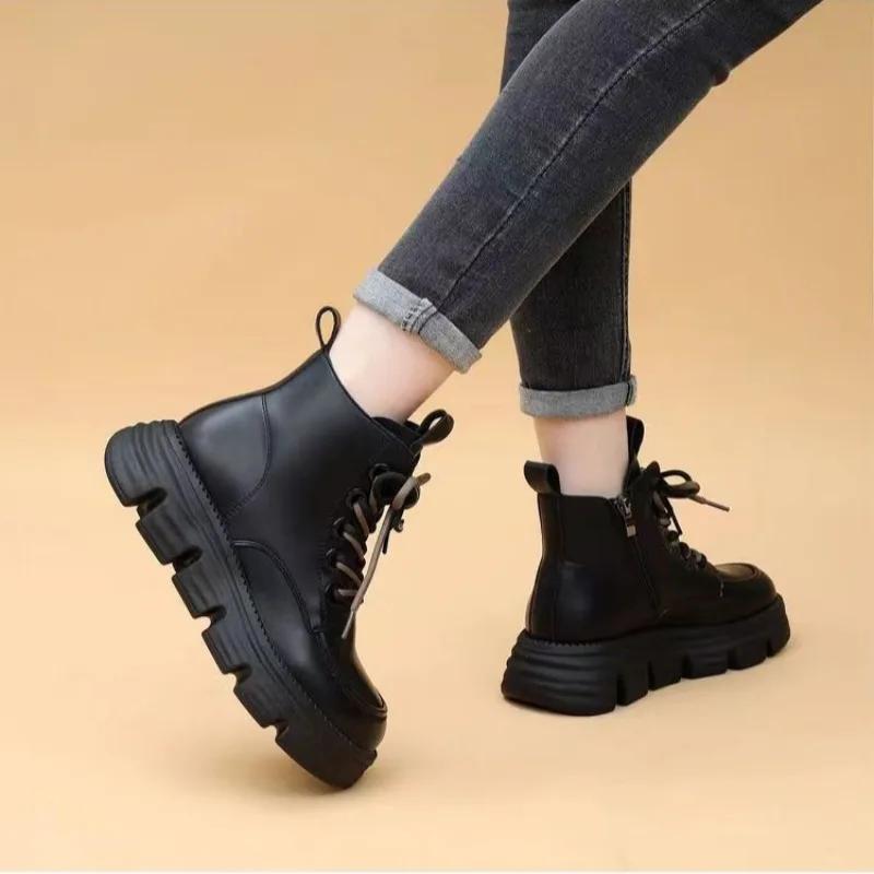 Fashion Punk Style Combat Chunky Booties with Laces Women's Ankle Boots Round Toe Leather Female Short Shoes Platform Lace-up On Offer