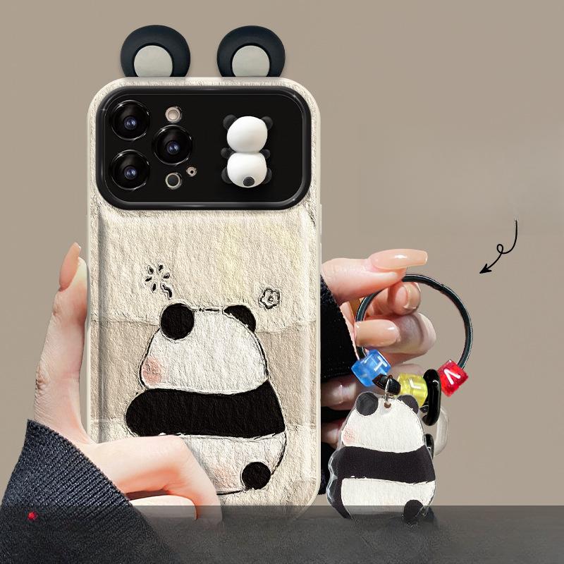 Applicable To Apple 15 Promax Mobile Phone Case IPhone 14 Panda Doll Pendant 13 Large Window Flip Mirror Xr