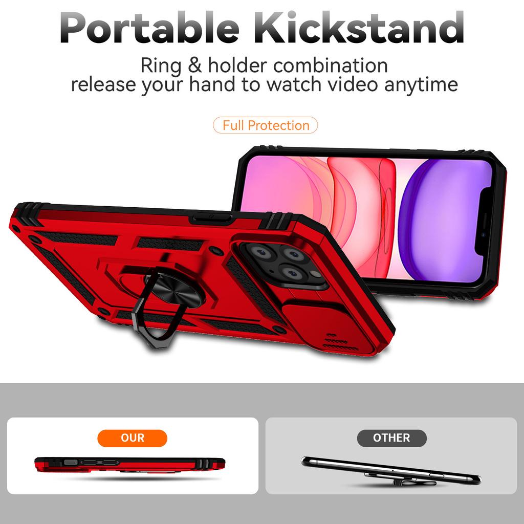 For iPhone 11 Pro Case Kickstand PC+TPU Hybrid Phone Shell with Camera Slide Cover -  Red