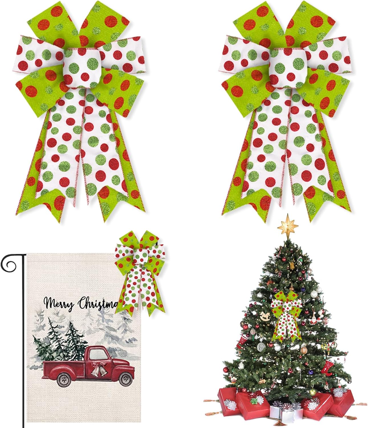 

2PCS Christmas Bows for Wreath Glitter Red and Green Polka Dots Bow for Décor Winter Bow for Tree Topper Decor Supplies Ornament 12.99 x 8.46 in