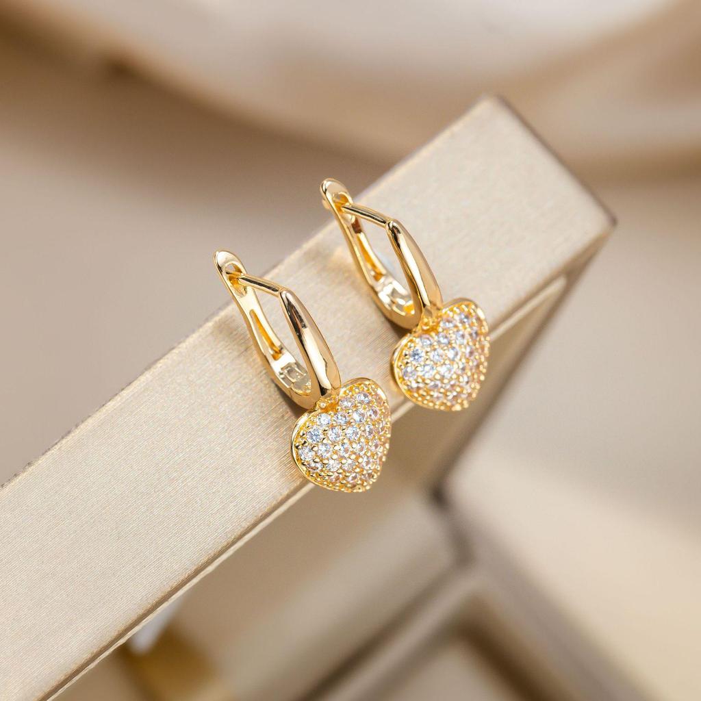 Gold-Plated Inlaid Heart Earrings: Elegant French Retro Studs for Women