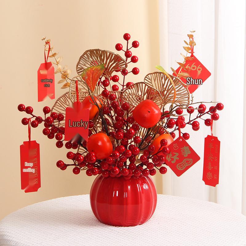 Luxurious Chinese-Style Pomegranate Fruit Arrangement: Faux Red Berries & Flowers for Living Room or Restaurant Decor