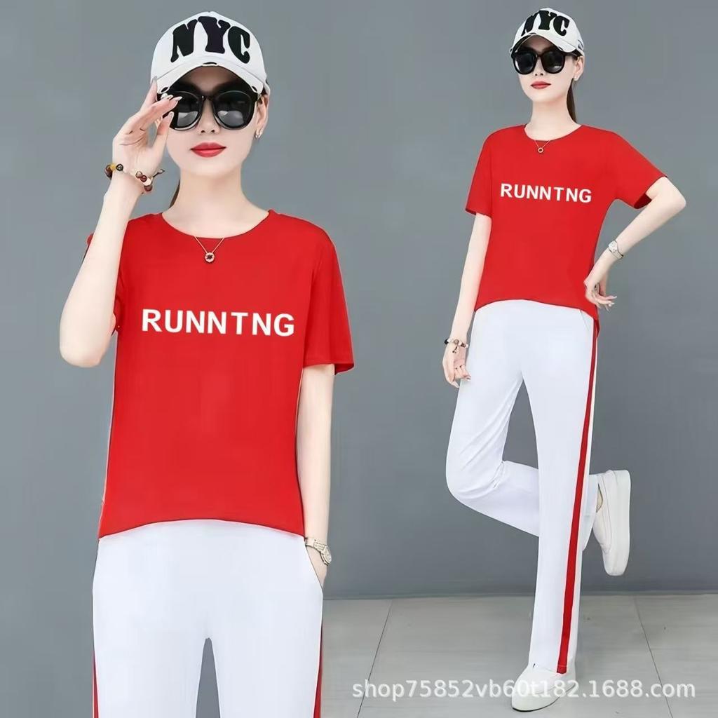High-quality sports suit women's summer new short-sleeved fashion casual two-piece set large size foreign style square dance clothing