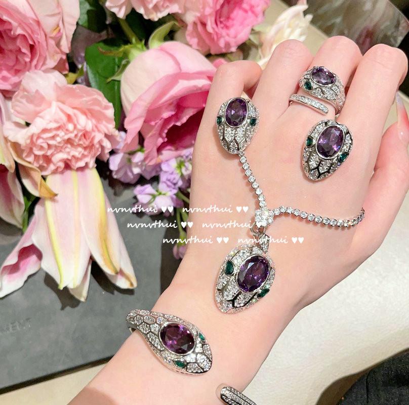 Original Women Sparkling Amethyst Snake Head Wedding Jewelry Sets White Gold Plated Banquet Ring/Earring/Necklace/Bracelet Chain