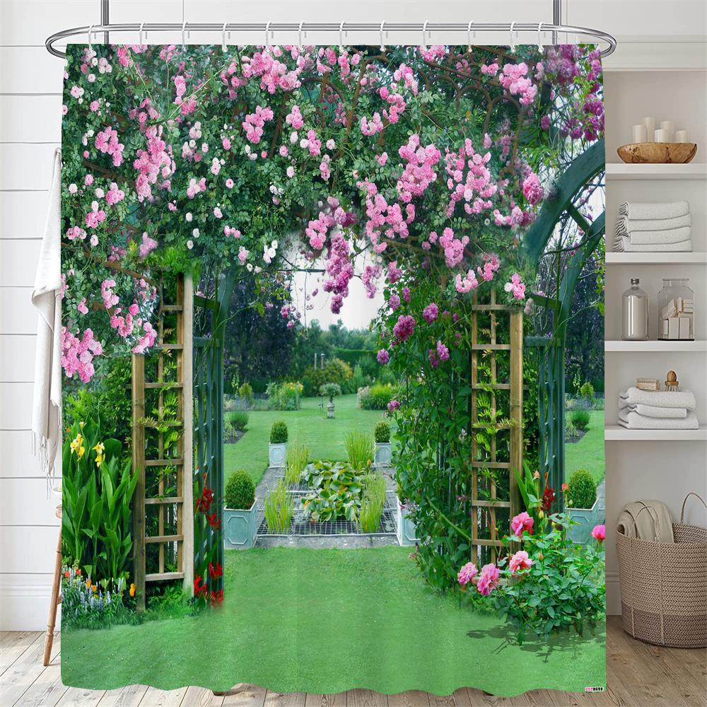 Beautiful Pastoral Garden Scenery Shower Curtain Rose Garden Flower Polyester Waterproof Bathroom Shower Curtain Decor Curtain