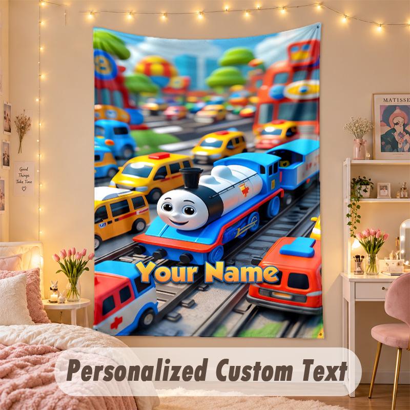 Custom Personalized Tapestry,Thomas & Friends Print Custom Name Text Wall Art Hanging for Bedroom