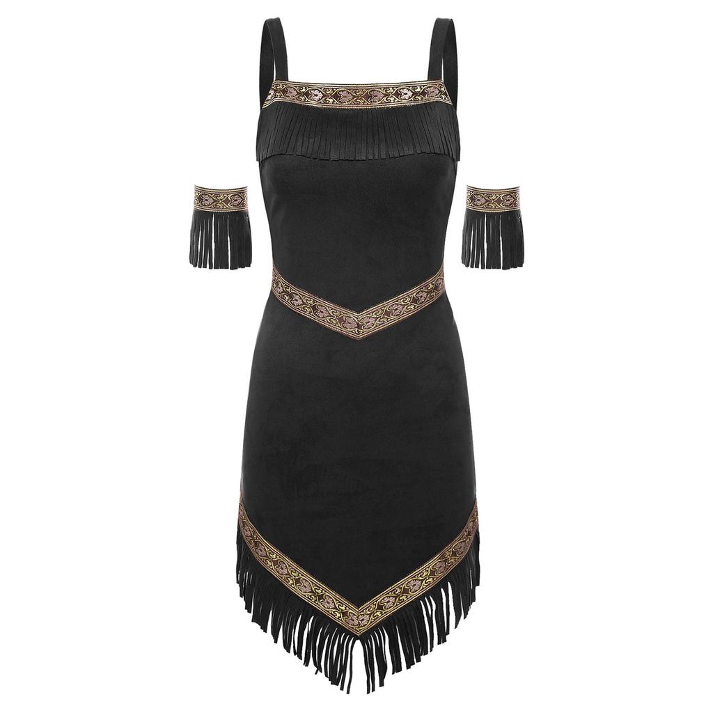 Womens Native Tribe Princess Cosplay Dress Armbands Retro Pattern Trim Tassel Irregular Hem Sling Aboriginal Faux Suede Costume