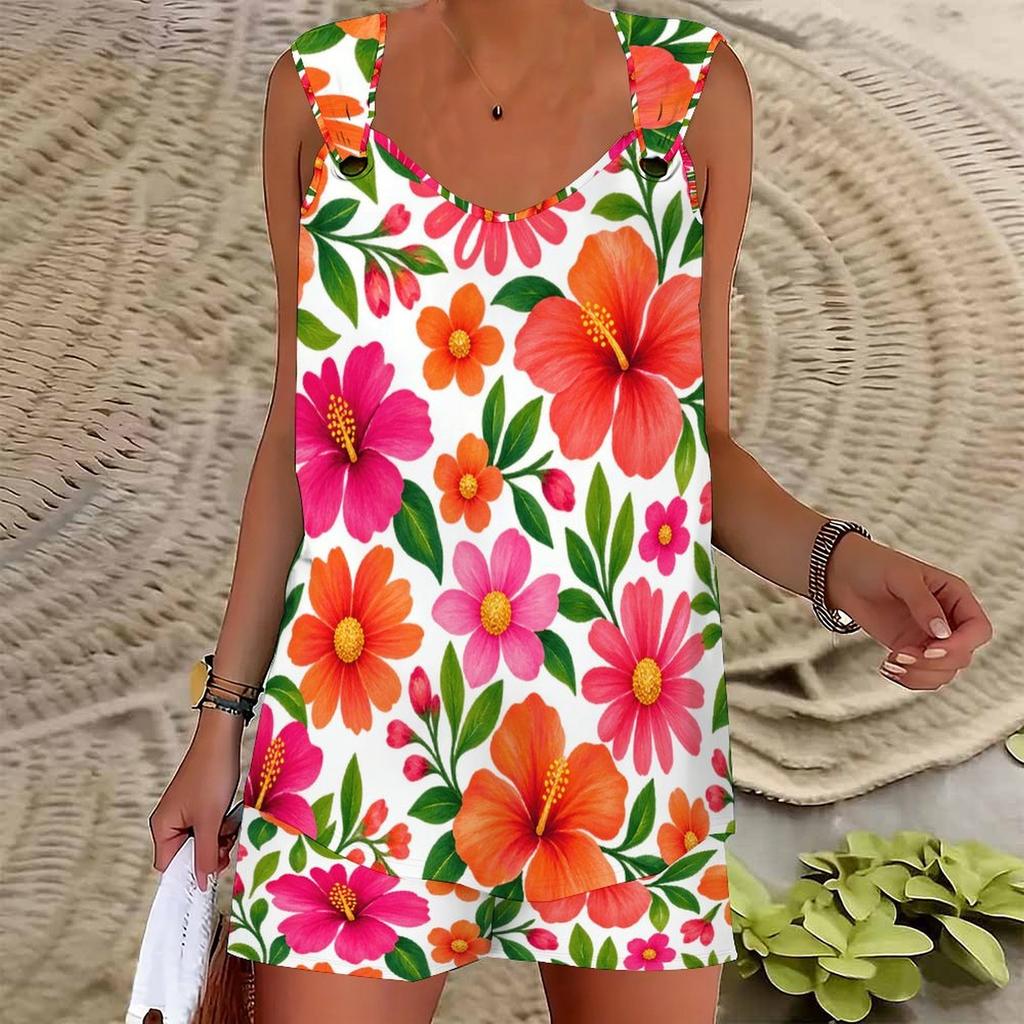 Women Plus Size Floral Printed Ring Strap Sleeveless Curved Hem Tank Top Pocket Shorts Two Piece Set
