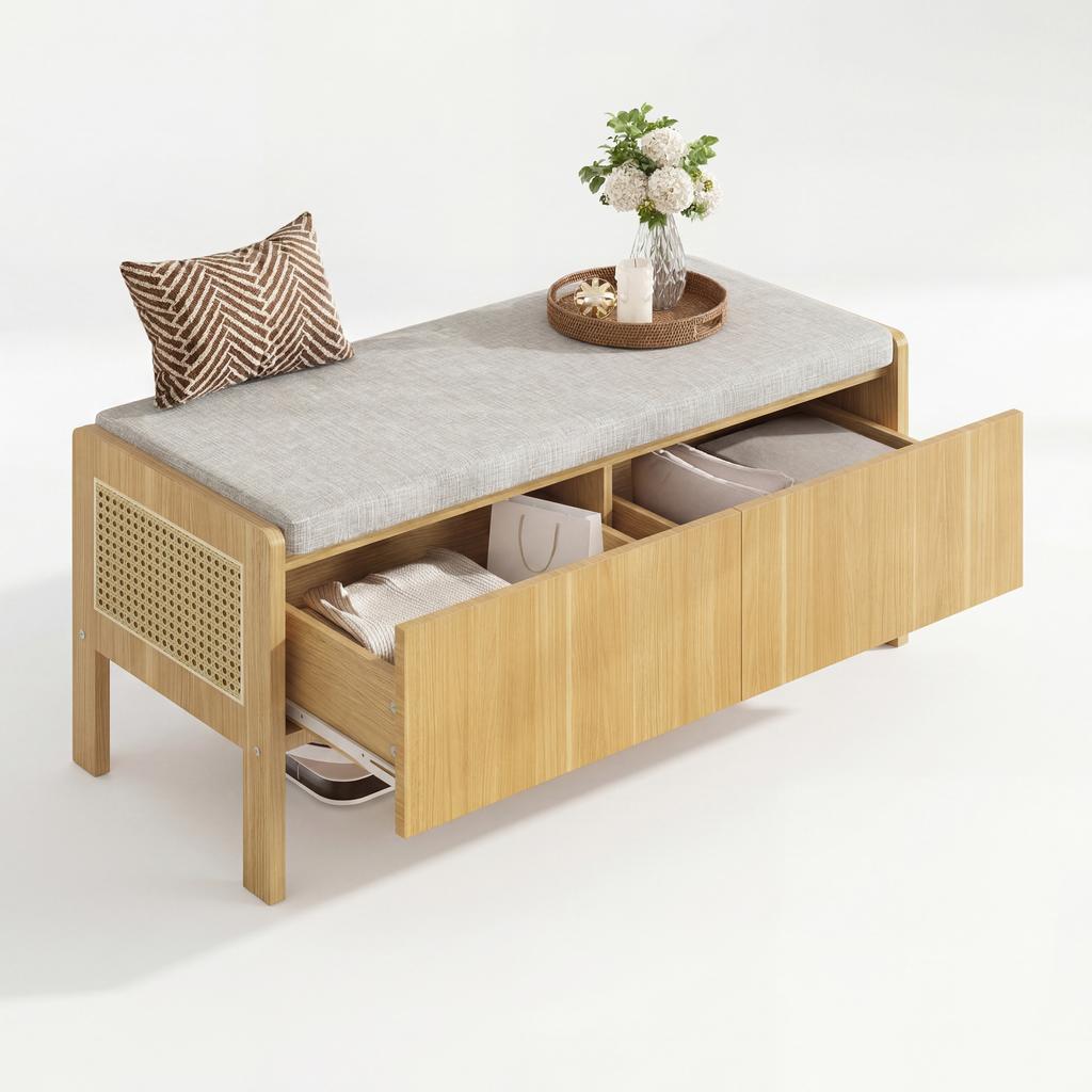 Shoe Bench, Storage Bench, Seating Cabinet, Side Panels with Rattan Weave, 2 Drawers, Color: Natural, Dimensions: 113 × 45.5 × 40 cm