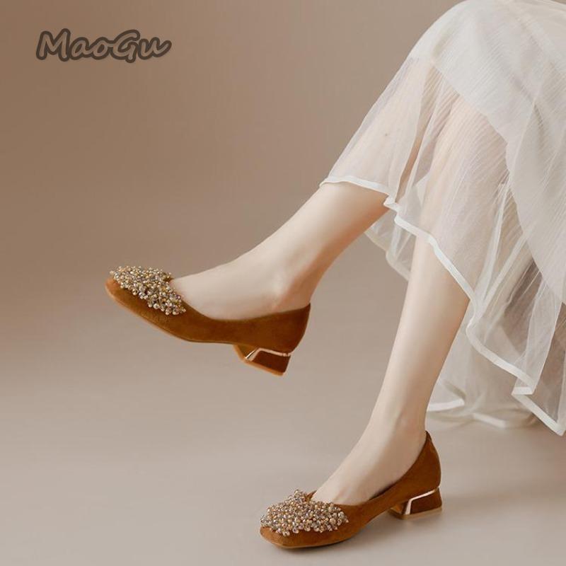 Fashion Elegant String Beaded Fashion Slip-On Women Shoes Square Toe Medium Heel Versatile Casual Velvet Summer Loafers Chaussures Femme