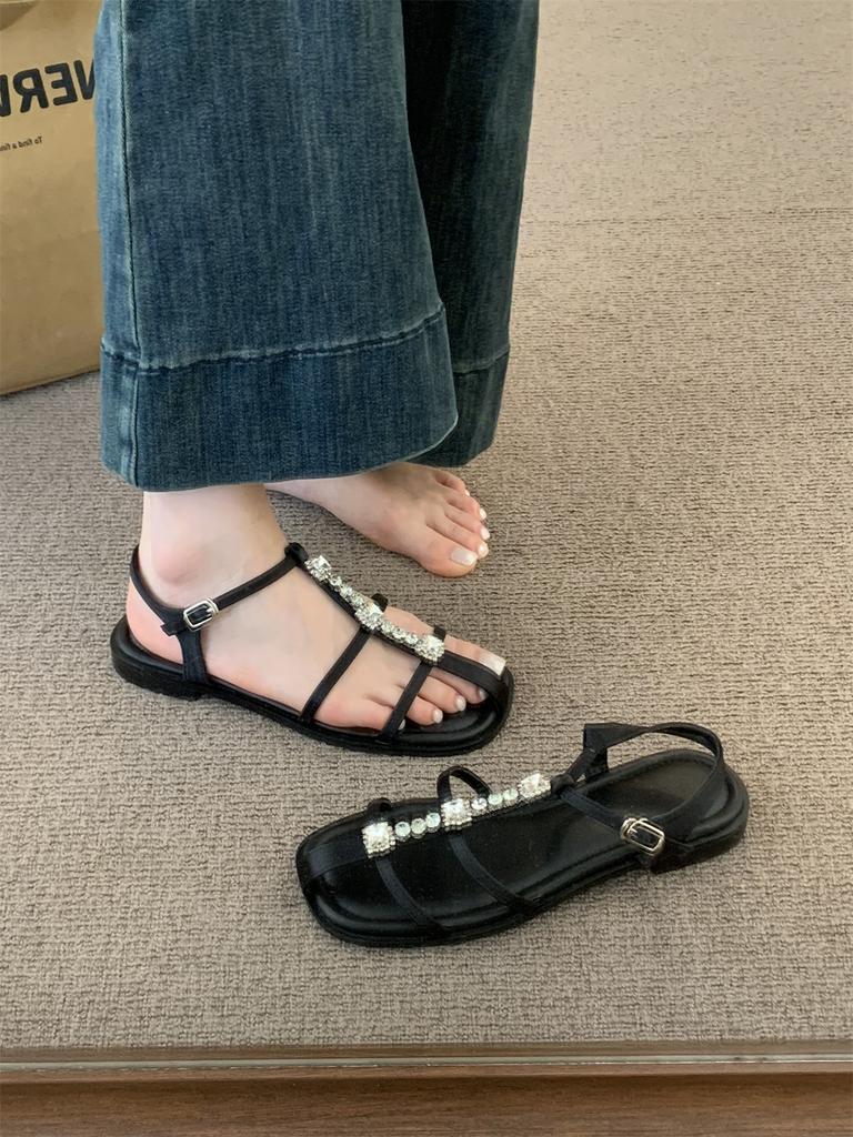 Narrow Band Ladies Casual Heeled Sandals Women's Black Beach New Summer 2025 Low Heel Outdoor Dress Gladiator Shoes