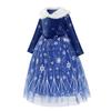 Long Sleeve Snow Fairy Fur Collar Dress, Elegant Blue Mesh Girls Fluffy Party Tutu Gown