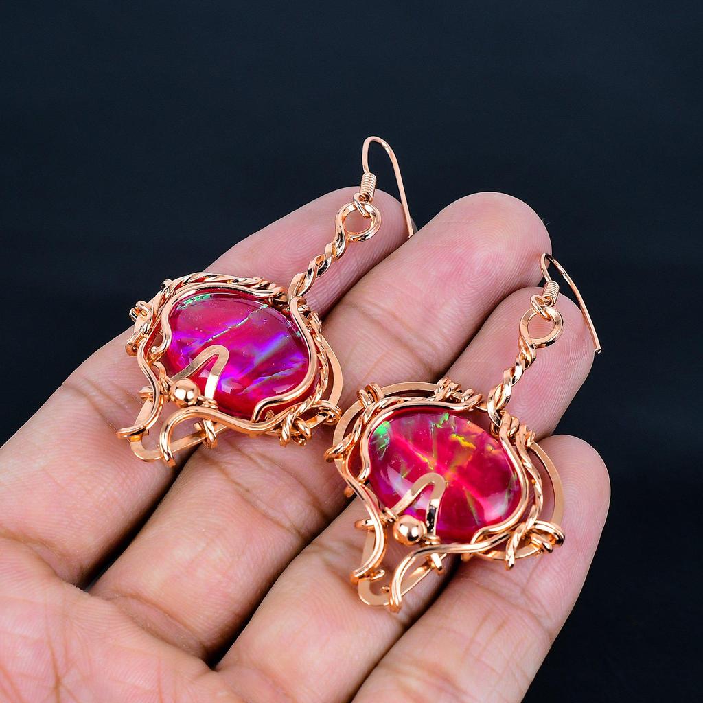 Pink Australian Triplet Opal 999 Copper Wire Wrapped Earrings, Handmade Gemstone Jewelry Earrings For Memorial Day