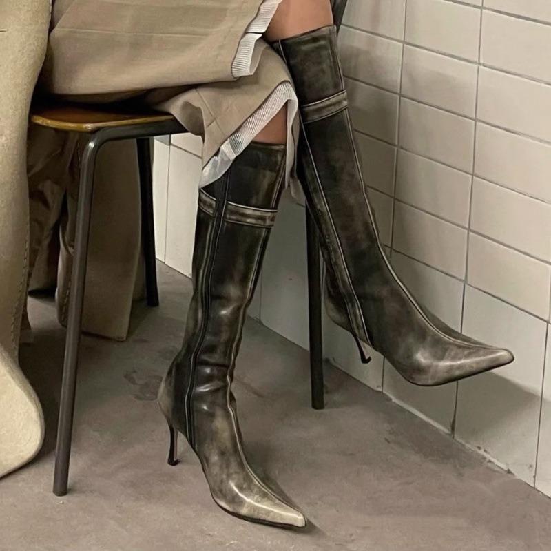 Cowhide retro polished high knight boots summer new thin long fashion boots thin heel pointed boots women