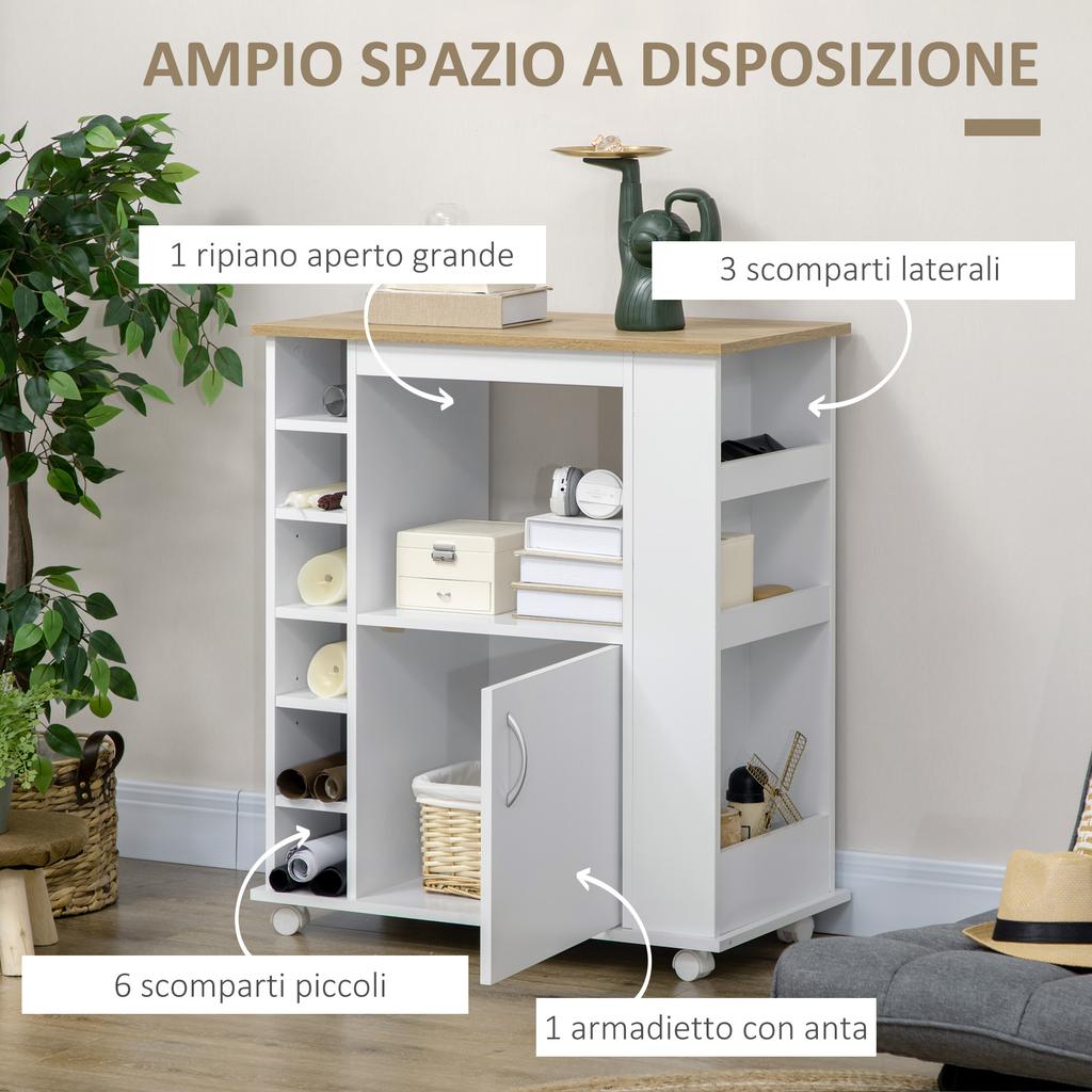 Kitchen Cart with Cabinet and Adjustable Shelves, Swivel Wheels and Brake, 75x39.5x88 cm, White