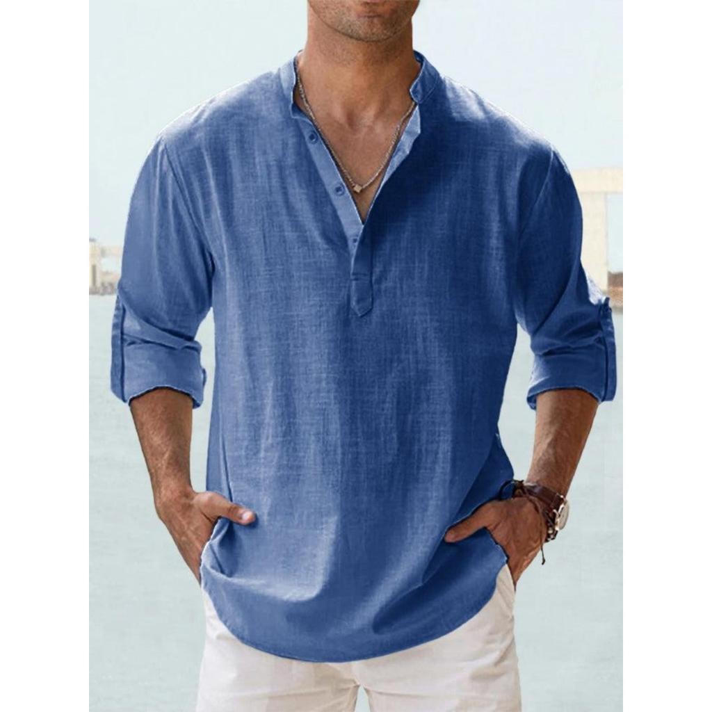 Men's Casual Cotton and Linen Long-sleeved Shirt - Summer Pure Color Stand Collar, Breathable and Lightweight, Large Size Optional, Black