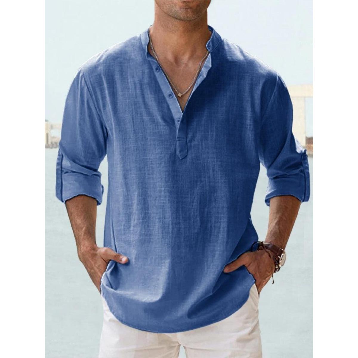 

Чоловіча повсякденна бавовняна та лляна сорочка з довгим рукавом - Літня однотонна з коміром-стійкою, дихаюча та легка, великий розмір на вибір, чорна S синій