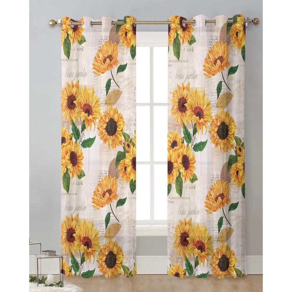 Sunflower Old Newspaper Background Sheer Curtains for Living Room Decoration Window Curtain Kitchen Tulle Voile Organza Drapes