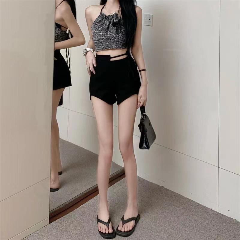 Spicy Girl High-Waist Lace-Up Black Shorts - Women's Summer Casual Slim Straight-Leg Hot Pants