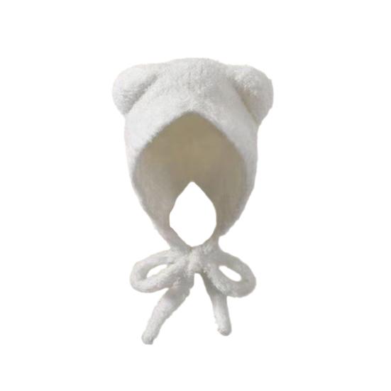 Women Hat Bear Shape Solid Color Winter Knitted Hat with Lace-up Cold Weather Thick Warm Plush Headwear