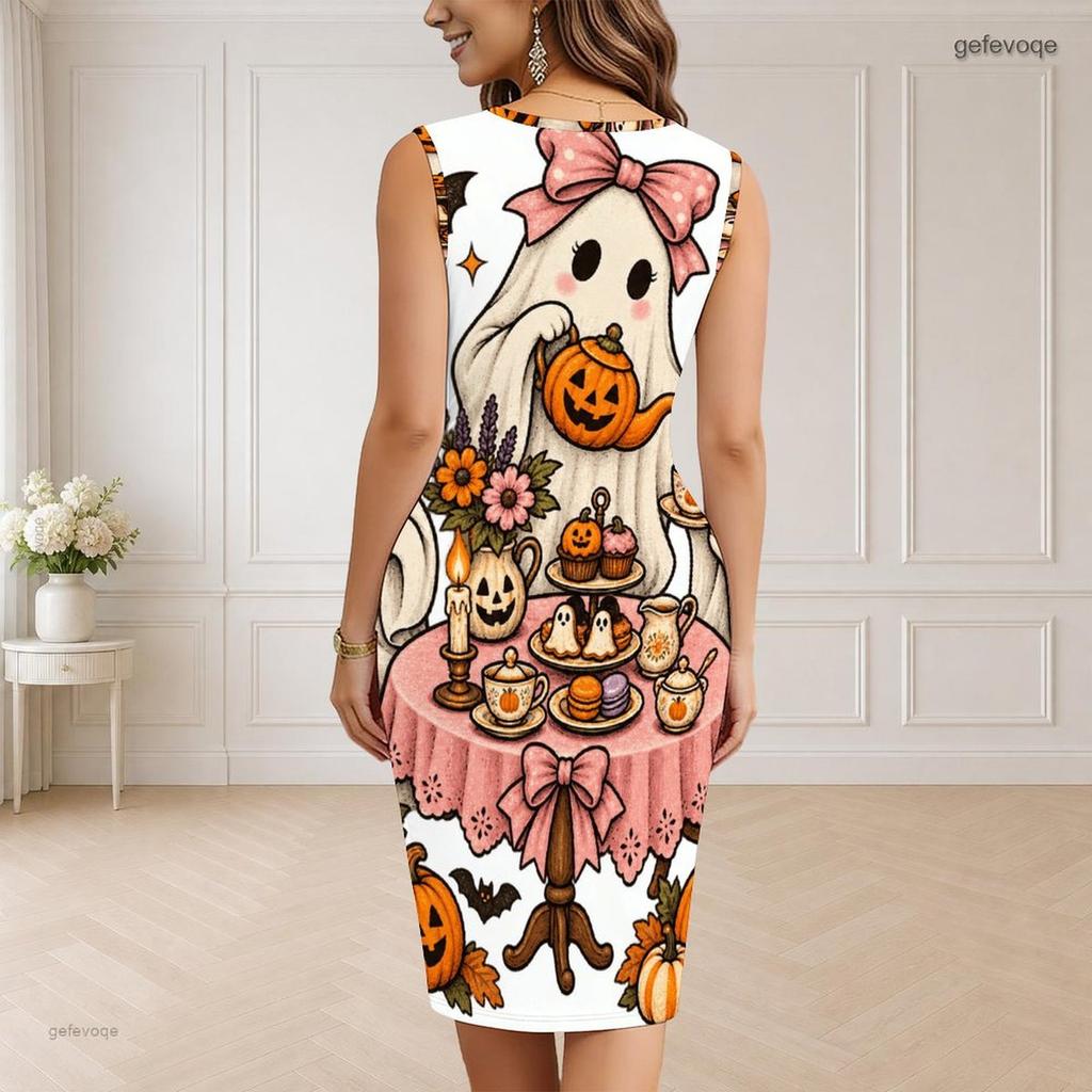 Women Plus Size V Neck Sleeveless Halloween Raccoon Print Bodycon Midi Dress
