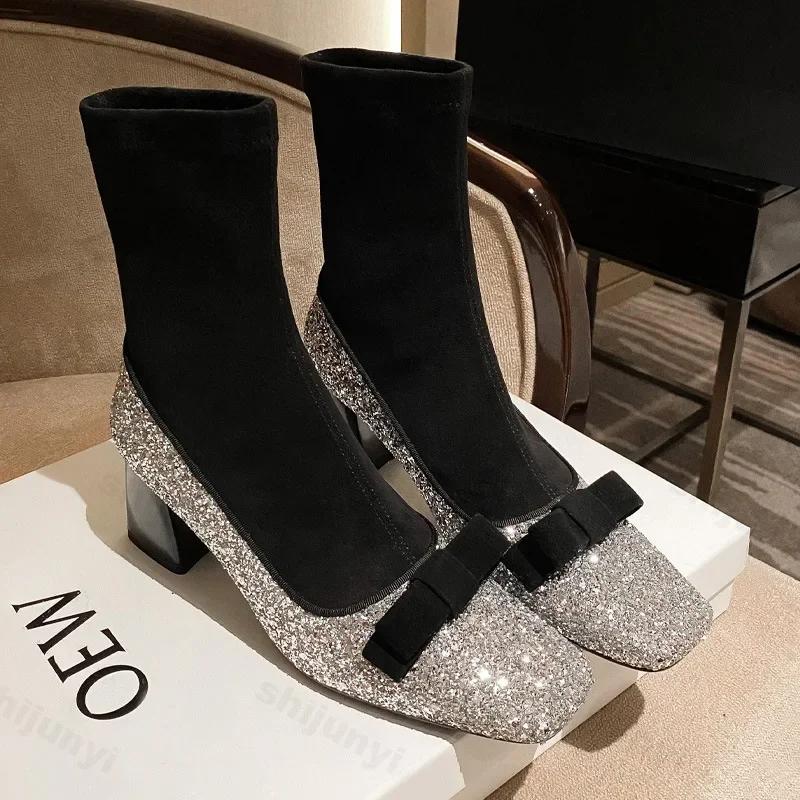 Modne Hot Selling Modne Damskie Skarpety Mary Jane Kozaki Projektant Kokarda Wsuwane Platforma Botki 2025 Nowe Jesienne Kozaki na Wysokim Obcasie