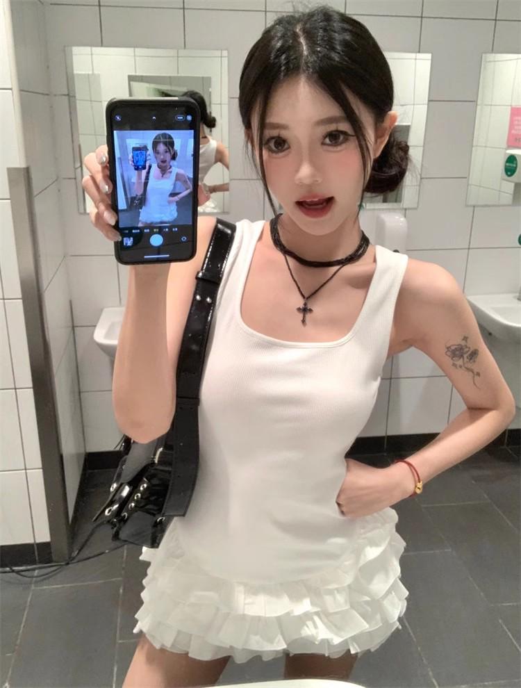 Women's Sleeveless French Knitted Vest Dress - Waist-Cinching First Love Style Little White Dress